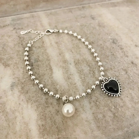 925 Sterling Silver Dainty Bead Bracelet Minimalist Heart & Pearl Charm Bracelet - Picture 4 of 5